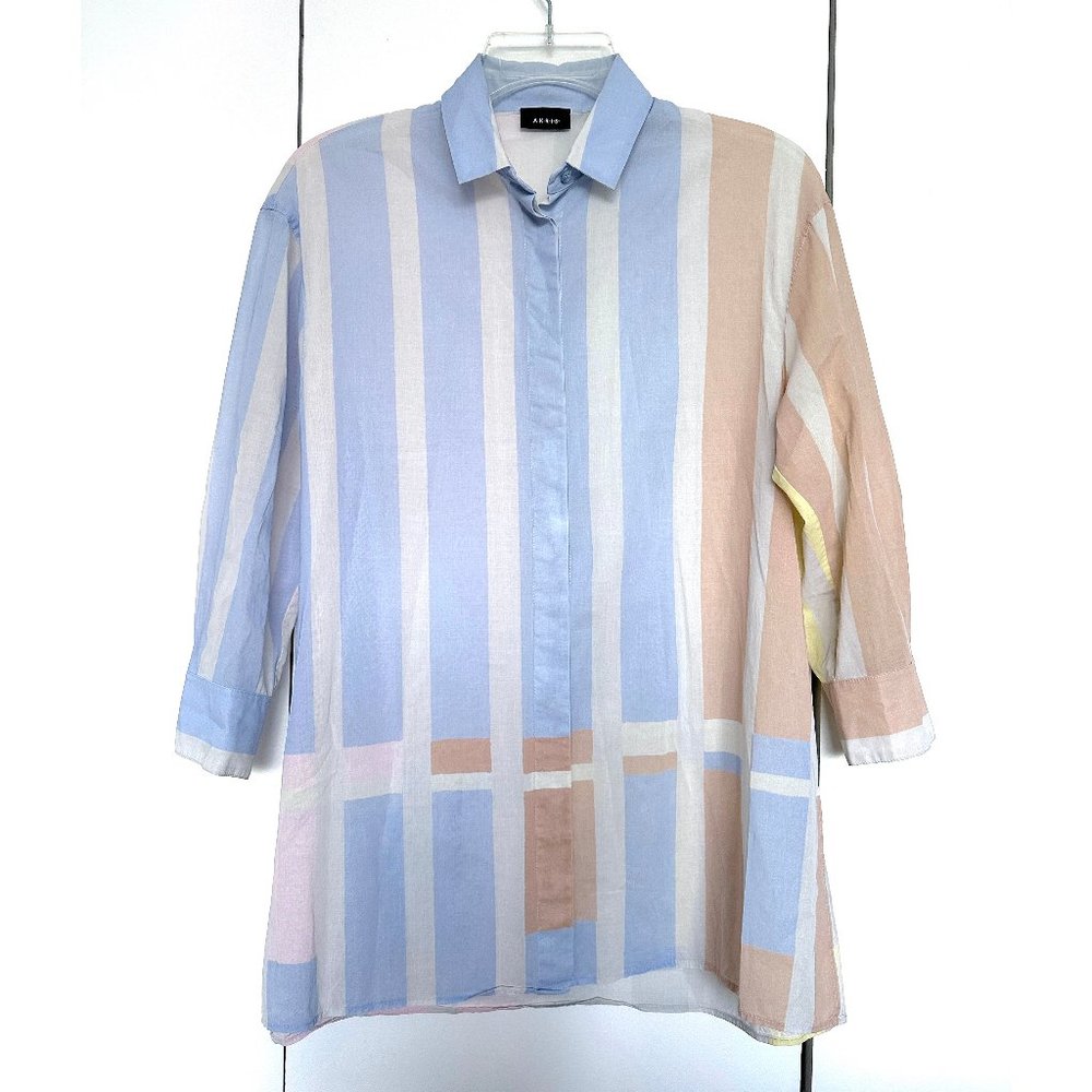 Akris Pastel Stripe Bars Print Cotton Shirt Top Colorblock Variazioni Blue 2